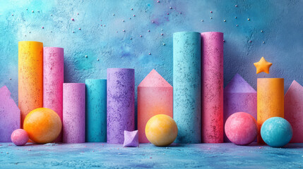 Poster - A composition of grainy geometric shapes--cones, stars, and rectangles--fading into soft gradients of purple, teal, and pink, set against a pastel blue background,