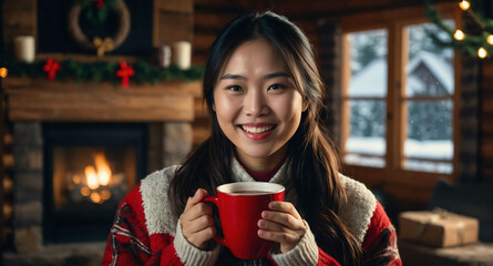 Wall Mural - Happy Asian female holding hot cocoa in Christmas cabin background