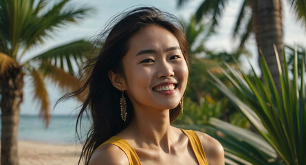 Wall Mural - Happy Asian female under palm trees in tropical island background