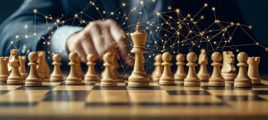 Poster - Hand Touching King Chess Piece on a Board with Connection Lines, Concept for Business Strategy