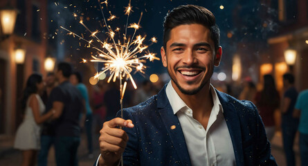 Poster - Happy Hispanic male with sparklers in hand during New Year celebration background