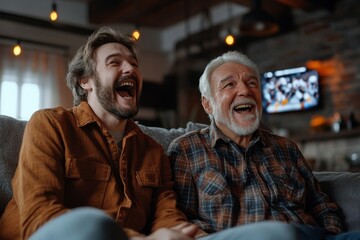 Overjoyed young Caucasian man with senior father relax at home on couch cheer support watching football on TV together. Happy adult grownup son with mature dad have fun enjoy sports, Generative AI