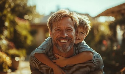 piggyback and a boy flying on the back of his father outdoor in the garden while bonding together. Family, children or love and a son playing with his dad in the backyard of their, Generative AI