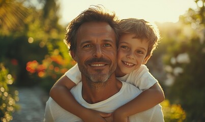 piggyback and a boy flying on the back of his father outdoor in the garden while bonding together. Family, children or love and a son playing with his dad in the backyard of their, Generative AI