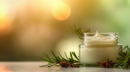 Poster - Glass jar of skin care cream with natural vitamins and spa treatment essentials on a pristine background