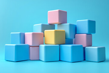 An abstract arrangement of building blocks with one taller block in the center, surrounded by smaller ones leaning against it, set against a pastel blue background,