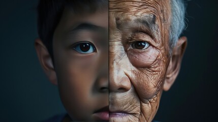 Wall Mural - The face is divided into two halves - half of an Asian boy and half of an old Asian man. Distinguishing childhood and old age, aging, maturation, longevity, lifespan, aging, gerontology.