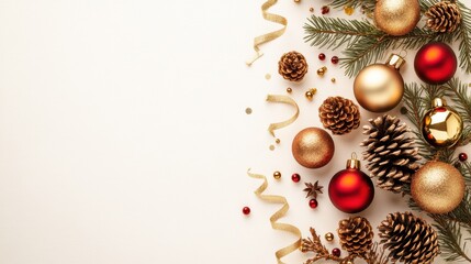 Wall Mural - Christmas pine branches, pine cones, and red ornaments arranged on a white background, isolated on white. Simple holiday decor concept.