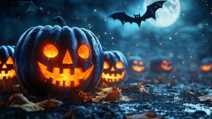 pumpkin patch with glowing eyes and spooky faces