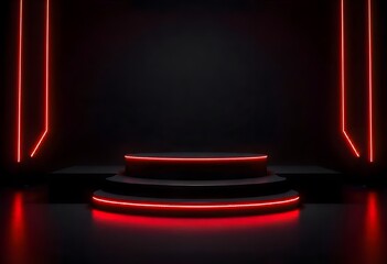 Aufkleber - Minimalist scene with a dark background and a circular platform bathed in red light. Glowing Red LED Light Lectern Platform
