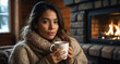 © Arceli - Peaceful Hispanic female sipping hot drink by winter fireplace background