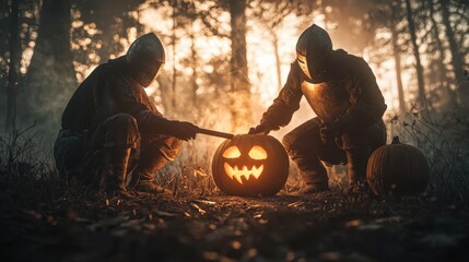 Medieval knights carving pumpkins, haunted forest setting, eerie fog, 3D illustration