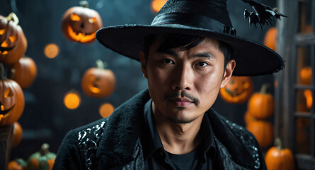 Canvas Print - Relaxed Asian male wearing witch hat at Halloween party background