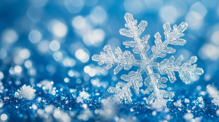 Wall Mural - A snowflake on a blue background, close-up shot