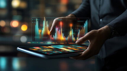 Hands holding a computer tablet displaying an illustration of stock exchange graph and chart representing increased and decreased price in the stock market. Generative AI.	