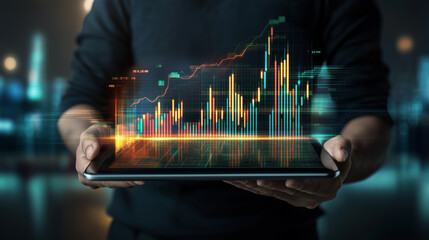 Wall Mural - Hands holding a computer tablet displaying an illustration of stock exchange graph and chart representing increased and decreased price in the stock market. Generative AI.	