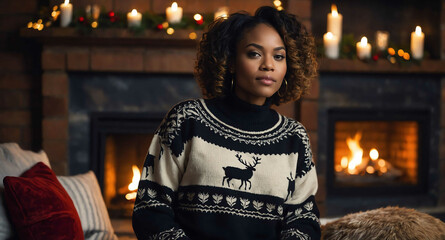 Wall Mural - Relaxed Black female in reindeer sweater by Christmas fireplace background