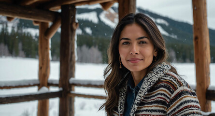 Wall Mural - Relaxed Hispanic female on porch of snowy log cabin background