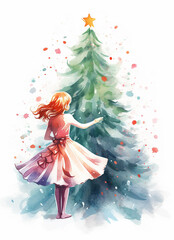 Poster - A woman is reaching up to a Christmas tree with a star on top. The tree is decorated with many colorful ornaments