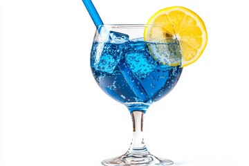 Wall Mural - Refreshing Blue Cocktail with Ice, Lemon Slice, and Straw, Isolated on White Background.