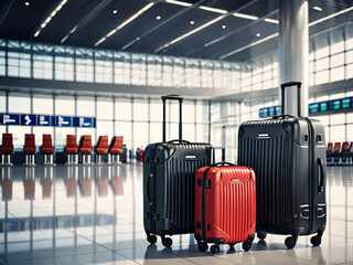 Suitcases in airport. Travel concept. 3d rendering