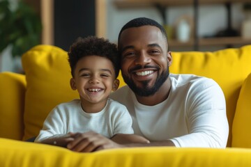 excited father and son laughing while sitting on yellow sofa with laptop, Generative AI