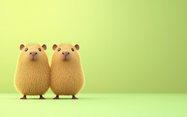 Two adorable fluffy creatures standing side by side on a soft green background, showcasing a cute and playful minimalistic design.