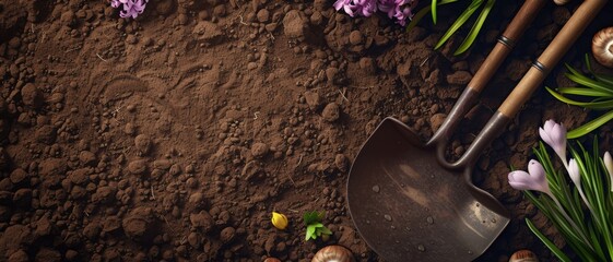 An earthy scene with a shovel resting on rich soil, surrounded by scattered flowers and gardening tools, evoking a sense of natural cultivation.