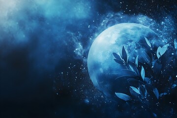 A blue sky with a large blue moon and a tree