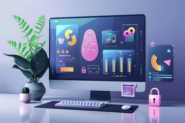 computer screen displaying a fingerprint icon and a shield symbolizing security.