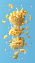 Sticker - Flying mac and cheese pasta with melted cheese sauce on blue background