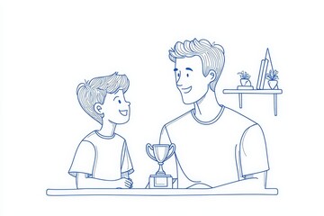 One continuous line drawing young dad congratulate his son who win first place trophy at study competition. Happy family parenthood concept. Dynamic single line draw graphic design , Generative AI