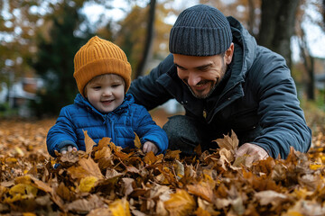 Father and son happily rake colorful leaves in the park on a crisp autumn day, matching outfits and faces filled with joy and love