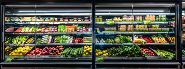 Wall Mural - Refrigerated display of fresh vegetables and fruits in a grocery store