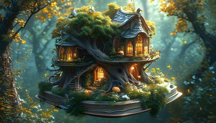 Enchanting floating library nestled among mystical creatures and vibrant plants in a whimsical treehouse village within a dreamlike forest garden