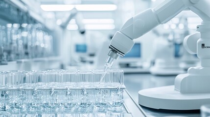 Poster - biotech lab with robotic arms manipulating dna samples, cutting-edge genetic research