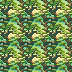 A seamless pattern of stylized trees with twisting branches. The trees are green with brown branches against a pale teal background.