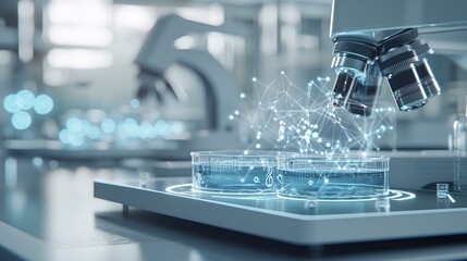 Poster - futuristic biotech lab with glowing petri dishes and holographic molecular models