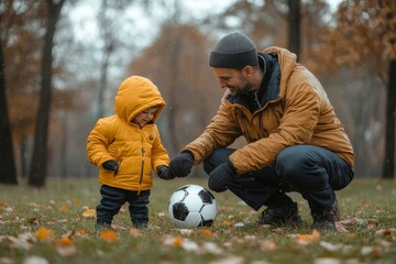 Dad and son with soccer ball in green park, Generative AI