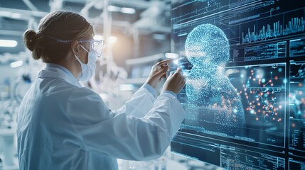 Poster - scientist in a futuristic biotech lab analyzing bioinformatics data on a holographic display