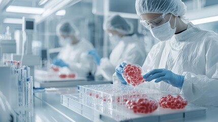 Poster - Researchers working with 3D-printed organs in a high-tech, sterile biotechnology laboratory