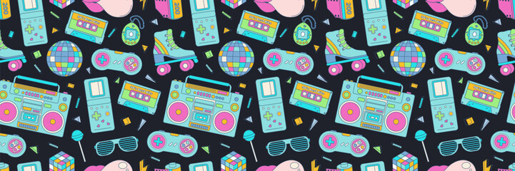 Canvas Print - seamless pattern colorful elements 80s 90s. disco ball, sunglasses and roller skates, cassette. vect