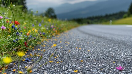 Wall Mural - Austrian asphalt road with colorful wildflowers along the edges