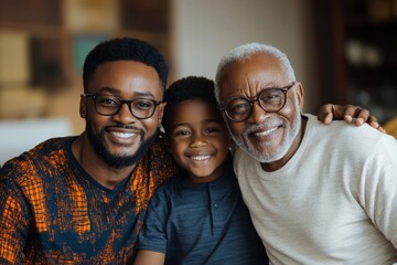 Joyful african son, dad and grandfather posing for family picture at home, Generative AI