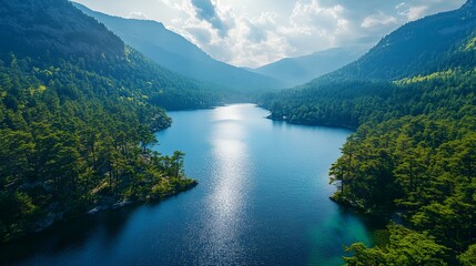 Poster - a lake surrounded by mountains and trees in the middle of the day