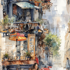 Charming urban cafe scene with outdoor seating and watercolor style