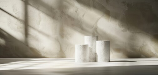 Poster - Minimalistic composition featuring three cylindrical objects against a textured wall, illuminated by soft natural light.