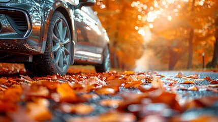 Poster - a car parked on a road with leaves on the ground and trees in the background