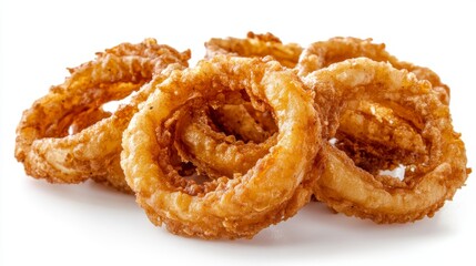 Against a white background, crispy onion rings with a golden-brown coating