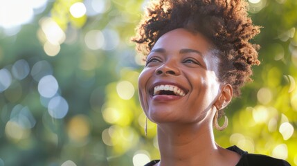 Poster - Cheerful African American woman laughing, looking away, bright natural light, clean background